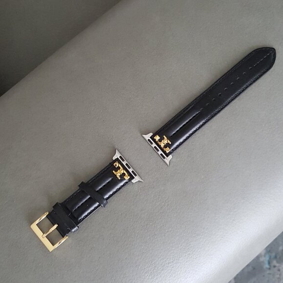 NEW Tory Burch The Kira Black Leather Strap Band For Apple Watch 11 42 Gold - Picture 3 of 7